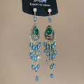 Detail showing ethnic style beaded tassel earrings with green and blue crystal drops - Streaming Flower Tassel (1# 925 Sterling Silver Earring Post) / Green