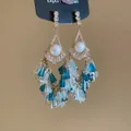Elegant silver needle crystal tassel earrings with blue and clear beads in boho style. - Streaming Flower Tassel (32# 925 Sterling Silver Earring Post-Gold) / Blue