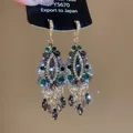 Ethnic style multi-color crystal tassel drop earrings with silver needle posts. - Ethnic Rhinestone Crystal Tassel Style (Y5670) / 56# Gold-Green