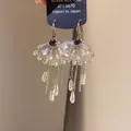 Elegant silver dangling earrings with crystal tassels and sparkling clear rhinestones - Streaming Flower Tassel (68# Earring Hook-Silver) / Red