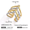 Multi-layer stainless steel ring in gold and silver finish with dimension and weight details. - Four-Layer Crisscross Rhinestone Ring (JDR0103331-PS)