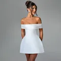 Detail of white off-shoulder mini dress with elegant satin texture and A-line silhouette - S / White