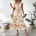 Bohemian floral sleeveless maxi dress with V-neck lace trim and tiered ruffled skirt - S / Cream White Pink Rose