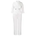Detail of white business suit with shawl collar, peplum waist, and metal buttons - S / White