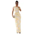 Detail of elegant white mesh dress featuring yellow 3D floral embroidery and one shoulder - S / Yellow
