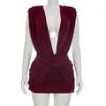 Mouwloze bordeauxrode mini-jurk met diepe V-hals en gedraaide knoopdetails in de taille - S / Bordeauxrood