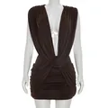Mouwloze mini-jurk met diepe V-hals in koffiebruin met gedraaide ruches details - S / Bruin
