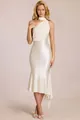 Close-up of elegant halter neck draping and cream satin fabric on slim fit dress - S / Milky White