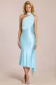 Detail of light blue satin dress featuring a halter neck and elegant side ribbon accents - S / Lake Blue