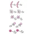 Five pairs of pink zircon screw-back butterfly and heart earrings in silver finish - Pink 10-Piece Set