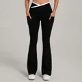 Black flared yoga leggings with white crossover V-waistband and side pockets - S / Black
