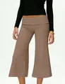 Detail of high-waisted brown and white striped flared pants with elastic waistband - S / Dark Brown All-over Striped