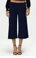 Detail view of high waist wide leg navy blue cropped trousers with folded waistband texture - S / Navy Blue