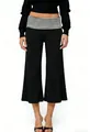 Women's black wide-leg cropped trousers with decorative black and white striped waistband - S / Black with White Stripes