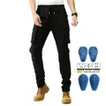 Pantaloni cargo neri da moto elasticizzati con ginocchiere protettive blu rimovibili - XS / Tipo in Silicone / Nero