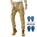 Pantaloni moto jogger kaki da uomo in tessuto elasticizzato con ginocchiere rimovibili - XS / Tipo in Silicone / Cachi