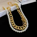 Detailed shot of elegant multi-layer gold chain and pearl necklace for vintage look - European Multi-layer Necklace-Gold White / Gold