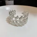 Elegant silver-plated open cuff bracelet featuring an intricate double leaf motif design - Double-Layer Leaf Shape (58#) / Silver