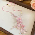 Ethereal pink flower crystal beaded necklace with delicate tassel details for vacation - Pink (18#)