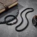Detail view of 5mm black stainless steel wheat chain necklace and bracelet set. - Bracelet / Black