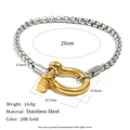 Bracciale a grillo in acciaio inossidabile placcato oro 18 carati con misure dettagliate - Bracciale con Fibbia a Ferro di Cavallo (B0822_Double_2) / contrasto tra oro e argento