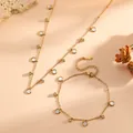 Detailed view of French style stainless steel jewelry set with circular crystal pendants - White Shell Disc Necklace Bracelet Set (L408+T808) / Gold