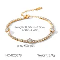 Close-up detail of sparkling zircon tennis bracelet including weight and length specs - Round Style (HC-B20578) / Gold