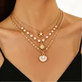 Set di collane a tre strati in oro con stella marina, conchiglia e perle bianche - Stile a Tre Strati Perla Stella Marina Conchiglia Oro (4765)