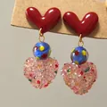 Vibrant resin heart stud earrings featuring blue polka dot beads and pink textured hearts - Sweet Heart Style (HE33581-1) / Red-Multicolor