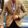 Slim fit khaki herringbone tweed blazer with blue pocket square for men's casual business style - 3XL / Top-Khaki Herringbone Slim Style (XF56) / Khaki Herringbone