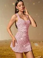 Dettaglio di paillettes rosa scintillanti su un abito da festa corto e sexy - S / Rosa