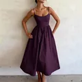 Détails de la robe élégante prune à fines bretelles et jupe évasée en coupe trapèze fluide - 3XL / Violet foncé