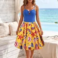Blue strap dress with starfish print, hollow metal buckle, and seaside ocean theme - S / Blue
