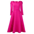 Detail of rose red dress featuring a square neckline and elegant puffed long sleeves - S / Rose Red