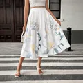 Zomerse witte A-lijn midi-rok met bloemenprint en knoopsluiting aan de voorzijde - S / Beige Dierenprint