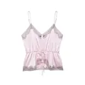 Pale pink satin camisole with grey lace trim, V-neck design, and adjustable drawstring waist - Pink
