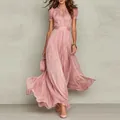 Elegant light pink chiffon maxi dress with lace collar and high waist flared silhouette - S / Top And Bottom / Pink