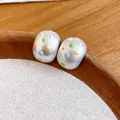 Close-up van de ovale zilverkleurige oorknopjes met kleurrijke emaille stippen - Matte Meerkleurige Polka Dot (54#)