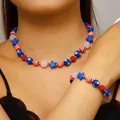 American flag themed beaded necklace and bracelet set with stars for Independence Day - US Flag Element Beaded Necklace and Bracelet Set