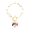 Detailed view of golden paperclip bracelet with heart US flag pendant and OT clasp closure - Heart Style (N-938) / Gold