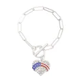 Close-up of heart charm with US flag stars and stripes on silver paperclip bracelet - Heart Style (N-930) / Silver