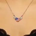 Silver heart wing necklace with American flag enamel and pavé crystals on model - Silver Rhinestone Wing Heart Necklace