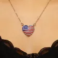 Elegant heart-shaped pendant necklace with US flag rhinestone pavé design on model - Full Rhinestone Flag Heart Necklace
