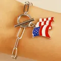 Silver link bracelet with T-bar toggle clasp and American flag enamel pendant - Silver Waving Flag OT Buckle Bracelet (N-911)
