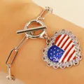 Silver rectangle chain bracelet with American flag heart pendant and OT buckle - Silver Laced Heart Flag OT Buckle Bracelet (N-927)