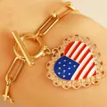 Gold toggle bracelet with an enamel American flag heart pendant for Independence Day - Gold Laced Heart Flag OT Buckle Bracelet (N-935)