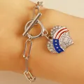 Silver toggle necklace with rhinestone heart pendant featuring American flag design - Silver Rhinestone Heart Flag OT Buckle Bracelet (N-930)