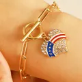Gold-plated USA flag heart charm bracelet with sparkling rhinestones for women - Gold Rhinestone Heart Flag OT Buckle Bracelet (N-938)