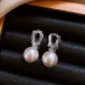 Boucles d'oreilles pendantes en argent avec grandes perles rondes sur fond noir - Boucles d'oreilles perles d'imitation fer à cheval zircone (aiguille en argent)