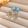 Polka dot C-shape earrings with blue marble beads and colorful spotted glass spheres - Silver Earring Post-Blue